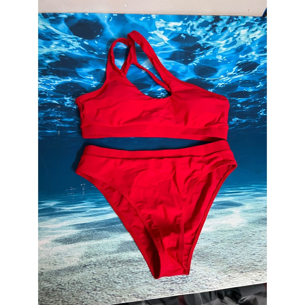 Red One Shoulder Asymmetric High Waisted Bikini Set Two Piece Swimsuit Size Larg